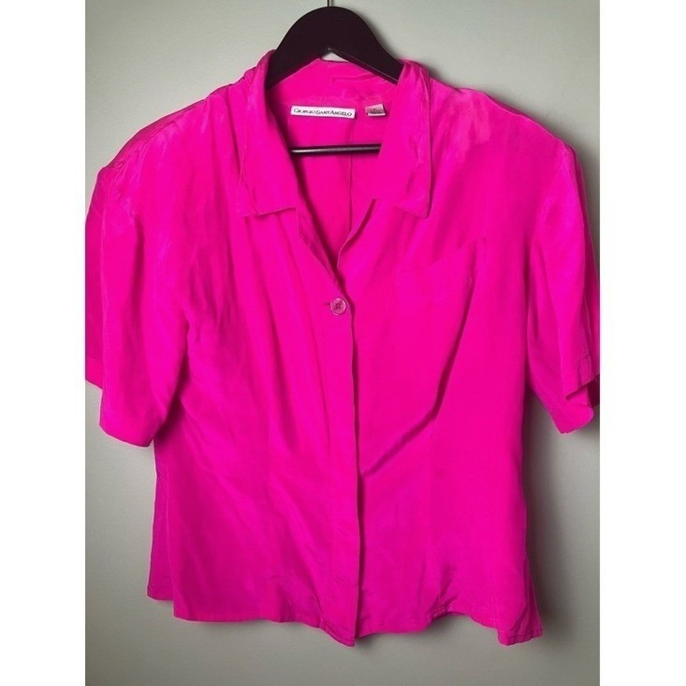 Vtg Giorgio Sant Angelo Neon Pink Short Sleeve 100% Silk Retro 80s Blouse Size 8